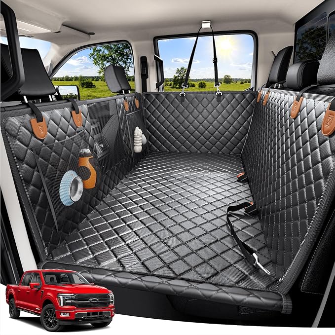 Zanch Heavy-Duty Dog Truck Seat Cover, Flat Solid Back Seat Extender for Multi Large Dogs, Hard Bottom Supports 450 lb, Waterproof Hammock Protector, XL for Full-Size Crew Cab Trucks & SUVs, Matte Blk