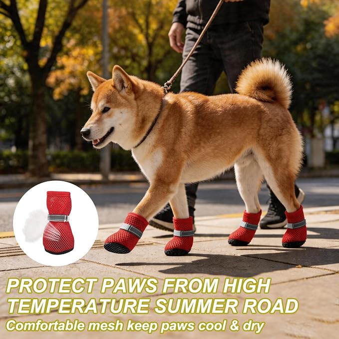 Dog Boots Paw Protector, Reflective Adjustable Non Slip Mesh Summer Breathable Dog Shoes Dog Walking Boots (XL Size, Red, 4 Pcs) Intended for Paws Waterproof for Dogs/Cat/Puppy