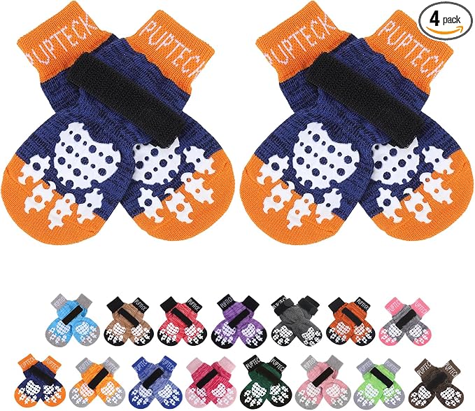 PUPTECK Anti-Slip Dog Socks with Double Sides Grips for Small Medium Large Dogs Hardwood Floors Prevents Licking, Dog Shoes for Hot Pavement Traction Control for Senior Dogs, Dark Blue, XL