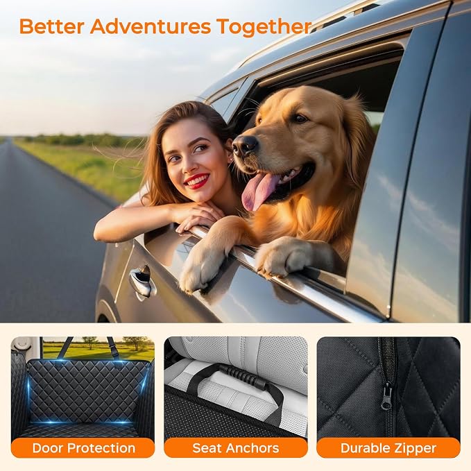 URPOWER Dog Car Seat Cover for Back Seat, Waterproof Hammock for Car & SUV | 600D Oxford, Side Flaps with Zippers, Scratch Resistant, Non-Slip, Easy Install, Machine Washable, Dog Seat Belt Included