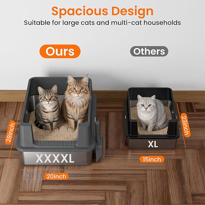 XXXXL Stainless Steel Litter Box with Lid,28.0" L × 20" W × 17" H Extra Large High Sided Cat Litter Box for Multi -Cats,Enclosed Metal Litter Box with Cat Scratcher and Scoop,Dark Gray