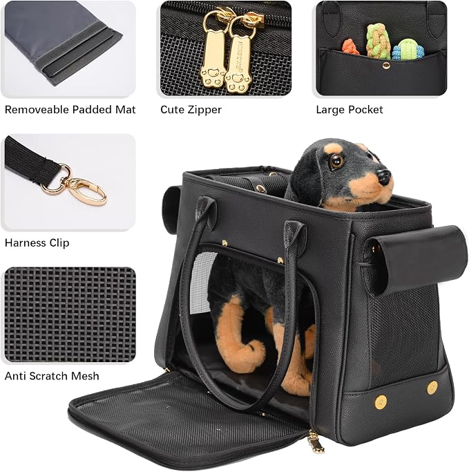 Fashion Pet Carrier Purse for Small Cat and Dog, Luxury Pu Soft-Sided Tote Bag with Large Pockets for Dogs and Puppies (Black, 15.8" L x 7.5" W x 11.8" H)