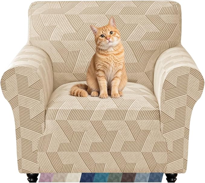 ZNSAYOTX Stretch Armchair Covers for, 1-Piece Chair Slipcovers for Living Room, Furniture Protector with Elastic Bottom for Dogs Cats Kids Geometrical Jacquard Fabric (Small, Khaki)