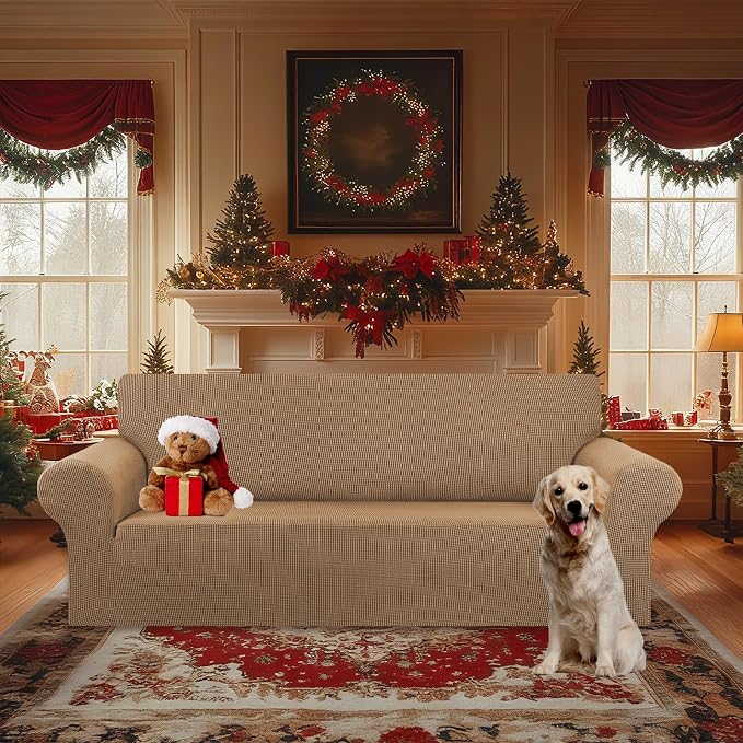 Stretch Oversized Couch Covers for Sofa Slipcover,Camel | 1-Piece Washable Sofa Cover (94"-110") 4-Seater Furniture Protector, Soft Jacquard Non-Slip Elastic Bottom for Dogs & Kids