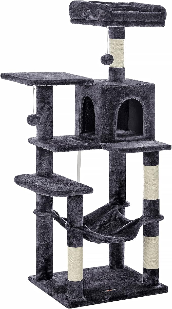 Feandrea Cat Tree, 54.2-Inch Cat Tower, Plush Multi-Level Condo with 4 Scratching Posts, 2 Perches, Hammock, Cave, Smoky Gray UPCT161G01