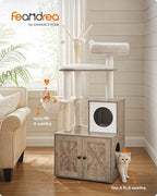 Feandrea Cat Tree with Litter Box Enclosure, 59-Inch Modern Cat Tower | 2-In-1 Condo with Scratching Posts, Washable Removable Cushion, Greige UPCT113G01