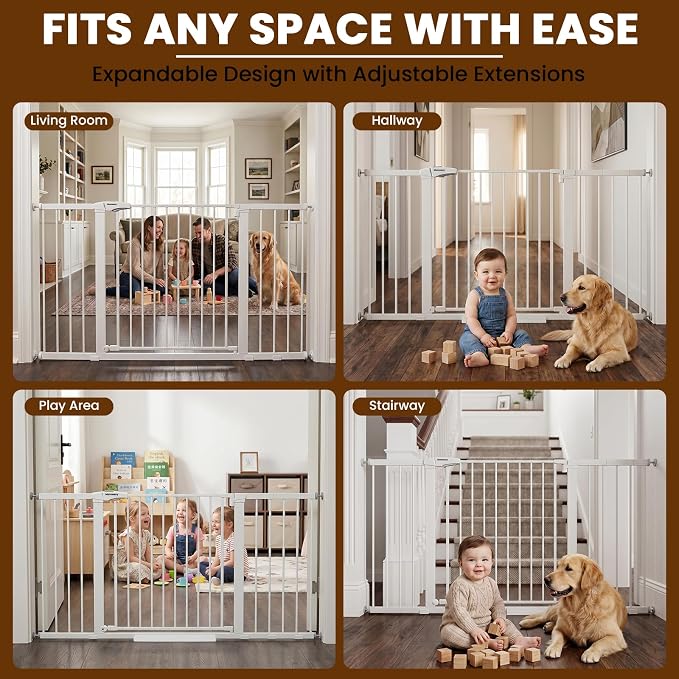 Mumeasy Extra Wide Baby Gate for Doorways, 36-63" Walk Thru Dog Gate with Auto Close Dual Swing for Stairs & Hallways, Easy Install Pressure Mounted Child Safety Gate for Toddlers & Pets Indoor, White