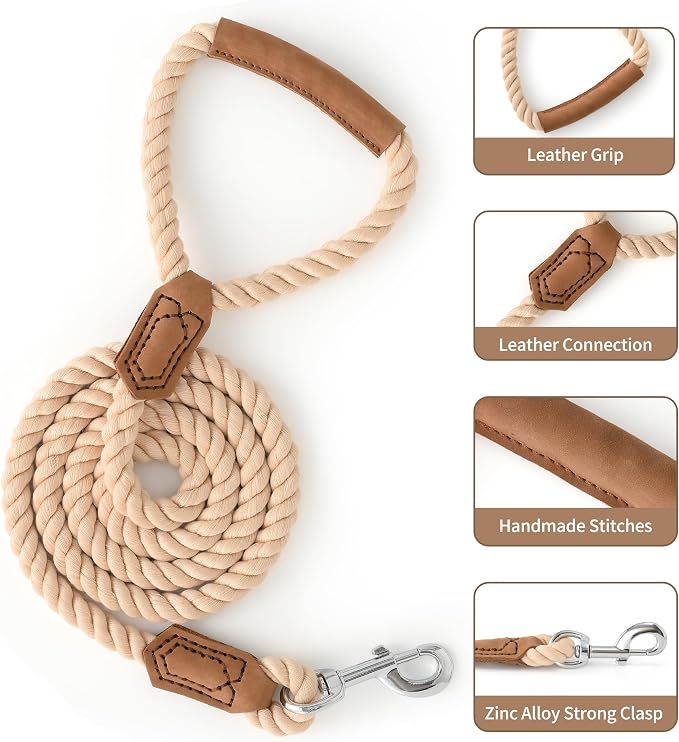 Mile High Life Dog Leash Braided Cotton Rope w/Leather-Wrapped Ends/Handle | Rust-proof 360° swivel clasp, Heavy-duty for medium/large dogs. Great for weddings, daily walks (5 FT, 1/2", Light Brown)