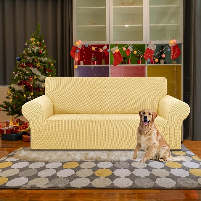 Stretch Loveseat Couch Cover, 2 Cushion Couch Slipcover,Champagne | 1-Piece Washable Sofa Cover Pet Friendly (55"-78") Furniture Protector Soft Jacquard, Elastic Bottom for Dogs & Kids