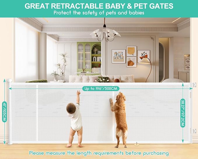 EZIGO 196 Inch Retractable Baby Gates, 41 Inch Extra Tall Retractable Gate | Reinforced Retractable Dog Gate with Rods, 16.3FT Extra Long Mesh Pet Gate for Stairs Hallways Doorway Indoor Outdoor, White