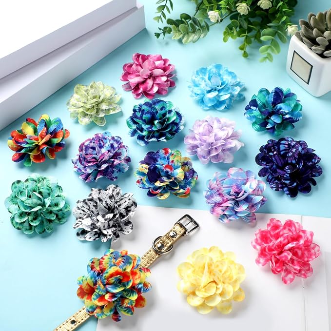 Sadnyy 150 Pcs Dog Flower Bows Collars Bulk for Dogs Puppy Dog Bow Tie Accessories for Small Medium Large Cats Pets Multi Color Chiffon Grooming Decorations(Tie Dye)