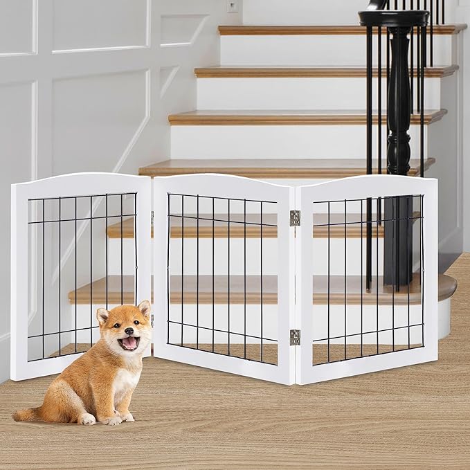 LZRS 3-Panel Freestanding Foldable Wooden Dog Gate –Solid Wood & Steel Wire Chew-Resistant Indoor Safety Pet Fence for Doorways & Stairs, Ideal for Small to Medium Dogs & Puppies, White