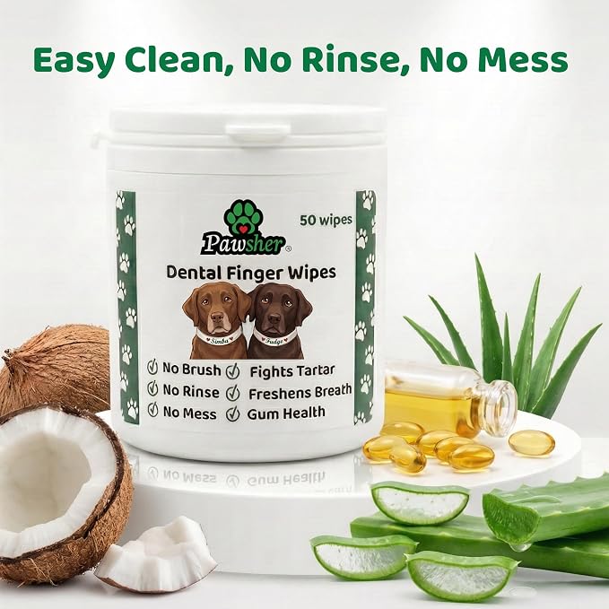 Dog Teeth Cleaning Wipes - Natural Coconut Oil & Aloe - Dental Wipes for Dogs - No-Rinse Pet Dental Finger Wipes - 50 Count