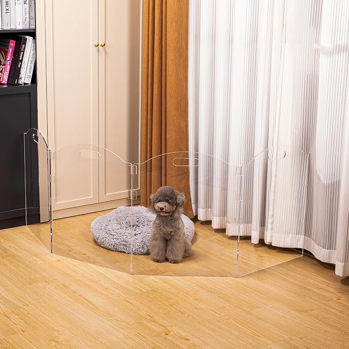 Clear Acrylic Freestanding Dog Gates for the House – Folding 4-Panel Pet Gates for Doorways, Stairs, and Rooms, Transparent Indoor Barrier for Dogs, Puppies, and Cats