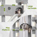 Gitelsnour Tall Cat Tree Tower for for Multiple Cats, Large Condo, GCT031W | 78.7"(200cm) Multi-level Scratching Post for Indoor Large Adult, 2 Condo, 4 Platforms, 3 Hammock, Sisal Rope, Toys Light Gray
