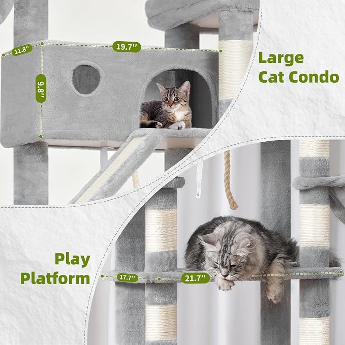 Gitelsnour Tall Cat Tree Tower for for Multiple Cats, Large Condo, GCT031W | 78.7"(200cm) Multi-level Scratching Post for Indoor Large Adult, 2 Condo, 4 Platforms, 3 Hammock, Sisal Rope, Toys Light Gray