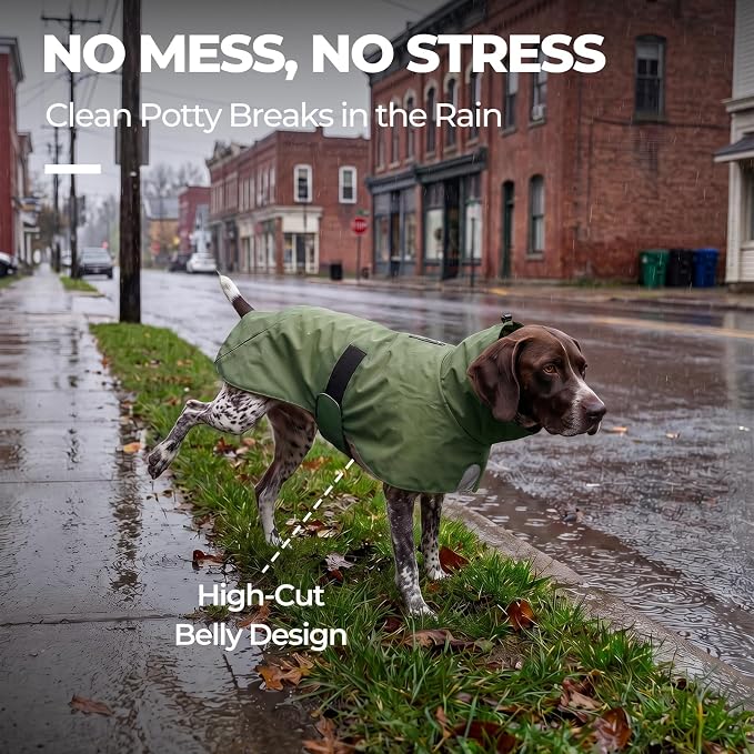 PU Dog Raincoat, Non-Toxic & Odorless Waterproof Vest, Adjustable High Neck and Hook & Loop Belly Closure for Rainy Potty Breaks & Wet Weather Outdoor Walks (Olive Green, XX-Large)