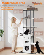 Wood Modern Cat Tree Tower, 84 Inch XL Tall Indoor Large Cat Condo | Heavy Duty XL Stable Wooden Cat Condo House Furniture with Multi-Level Spacious Perch Scratching Board Soft Washable Pads