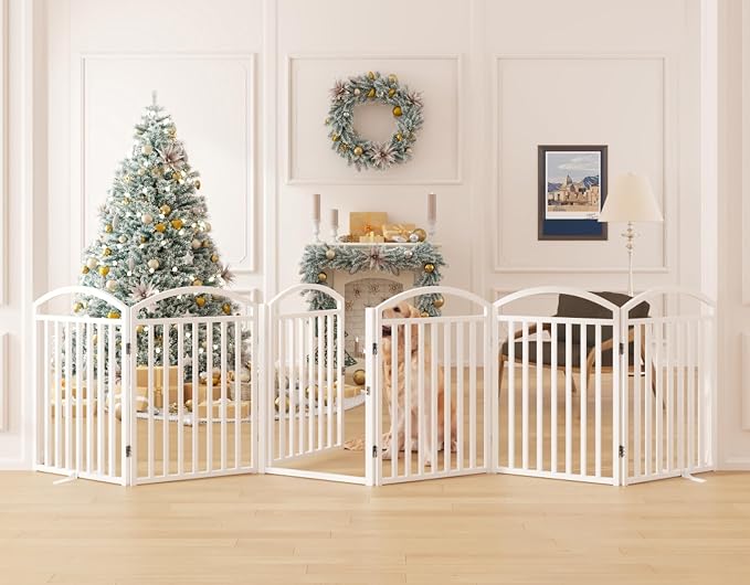 Foldable Pet Fence 120" Wide, 30" Tall,No-Assembly Dog Gate with Door,White | 6 Panels Metal Folding Freestanding Dog Gate Walk Through,Extra Accordion Puppy Folding Playpen for Doorways, Stairs,House