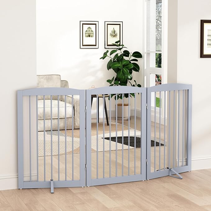 PUPETPO Freestanding Pet Gate for Dogs, Foldable Wooden Dog Gate for House Indoor, Tall Pet Fence for Stair, Doorway,Hall, Support Feet Included, 3 Panels 32",Grey