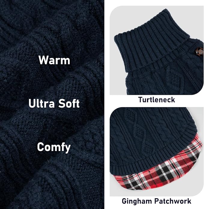 KYEESE Dog Sweater Turtleneck Thick Knit Pullover for Cold Weather | Stretchy Fit, Lightweight & Warm, Cozy Knit Comfort, Classic Plaid Design, Gentle on Sensitive Skin, Comfortable Daily Wear
