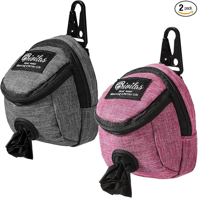 Talltalk 2 Pieces Dog Treat Pouch Pet Dog Poop Holder Dispenser Outdoor Carrier Waste Zipper Pouch with Metal Button for Most Leash(Pink,Grey)