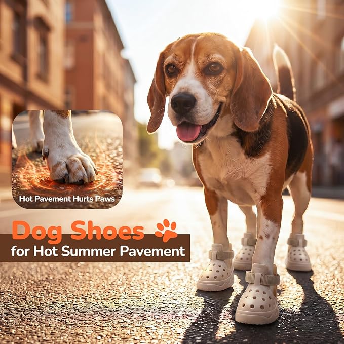 Soft Dog Shoes for Hot Pavement, Breathable Vented Dog Boots, Khaki, Size 5 | 4 Pack, Soft Rubber Material, Lightweight, Anti-Slip Soles, Reflective Strap, Wide Opening, Summer Walks, Medium & Large Dogs