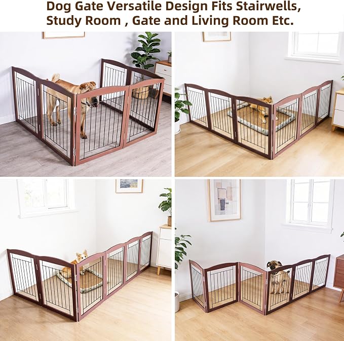 ZJSF Freestanding Foldable Dog Gate for House Extra Wide Wooden Brown Puppy Gate Stairs Dog Gates Doorways Tall Pet Gate 32 "Height 6 Panels Pet Fence