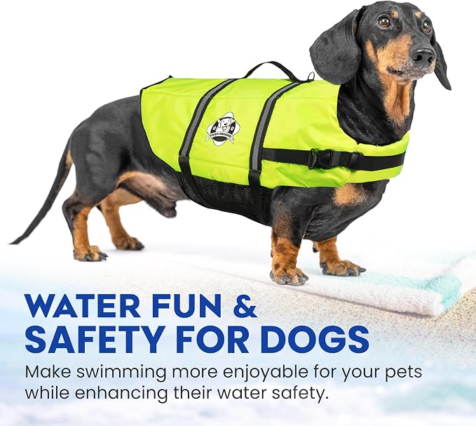 Dog Life Jacket - Swimming Vest for Dogs, Adjustable, Reflective, Comfortable, Multiple Colors, Patterns, XX-Small to Extra Large Dog Swim Vest with Handle (Neon Yellow, Medium)