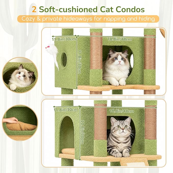 Globlazer Extra Large Heavy Duty Cactus Cat Tree, 80in Sturdy Cat Tree Tower for Multiple Indoor Cats Large Adult with Scratching Posts, 2 Spacious Condos with Padding, 2 Soft Perches, S80C, Green