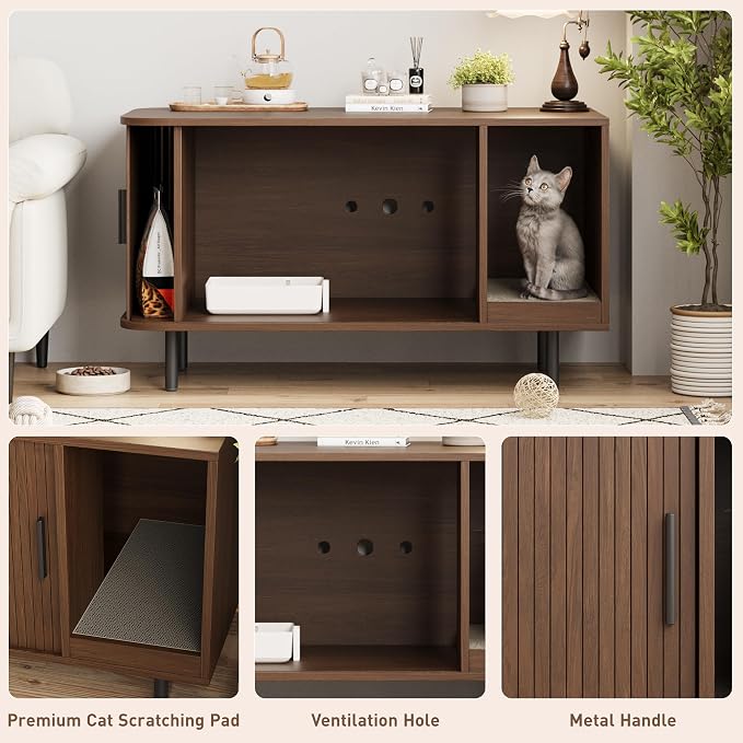 Halitaa 37.4" Cat Litter Box Enclosure with Scratch Pad, Sliding Door | Litter Box Enclosure Furniture Hidden Litter Box, Modern Indoor Cat House, TV Stand, Side End Table for Living Room, Walnut