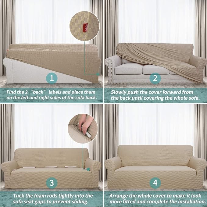 YEMYHOM Couch Cover Latest Jacquard Design High Stretch Sofa Covers for 3 Cushion Couch, Pet Dog Cat Proof Slipcover Non Slip Magic Elastic Furniture Protector (Sofa, Khaki)