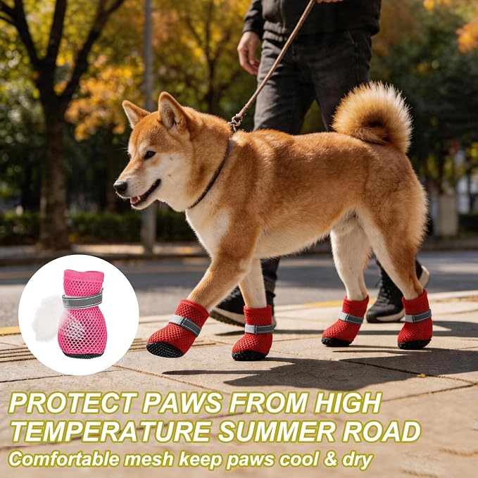 Dog Boots Paw Protector, Reflective Adjustable Non Slip Mesh Summer Breathable Dog Shoes Dog Walking Boots (M Size, Rose Red, 4 Pcs) Intended for Paws Waterproof for Dogs/Cat/Puppy
