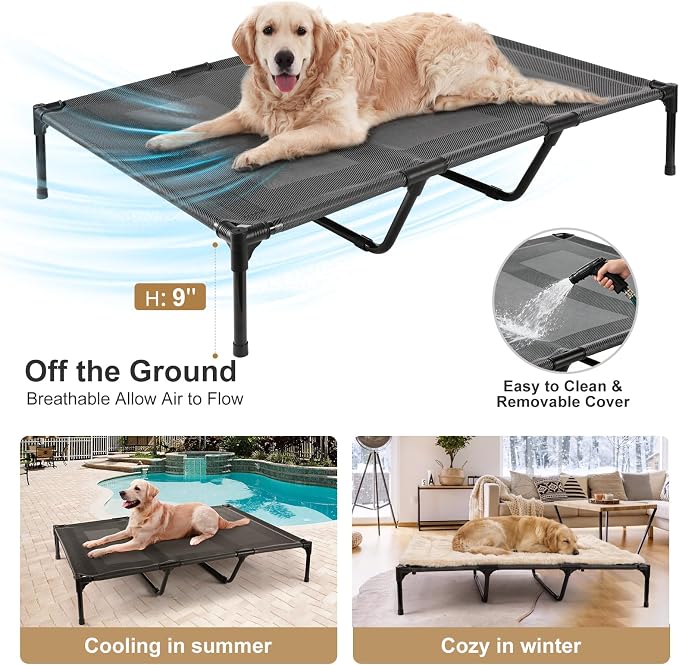 petizer Large Dog Cots Beds for Medium Dogs, Holds up to 100lbs, Breathable Cooling Mesh & Strong Center Bars, 36x30x9'' Anti-Sag Lifted Dog Bed, Indoor & Outside Use, Blue