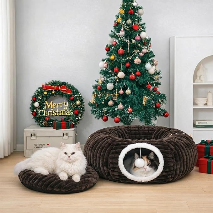 Cat Tunnel Bed Cave - Washable Cushion for Indoor Cats, Peekaboo Hideaway Cave for Indoor Cats, Kittens, Puppies, Rabbits, Luxurious Striped Hare-Feel Fabric, Tunnels for Indoor Cats Large (Coffee)