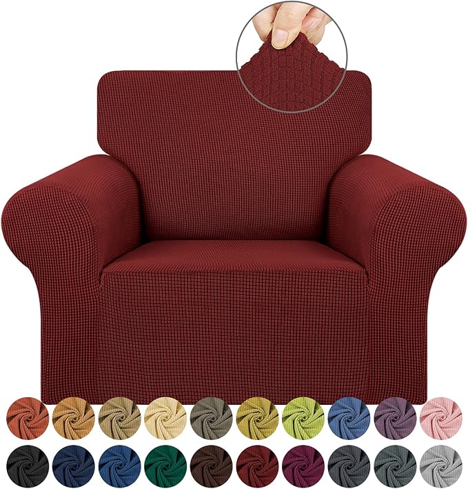 Stretch Chair Sofa Slipcover, Single Couch Cover,Dark Red | 1-Piece Washable Sofa Cover,Pet Friendly (31"-55") Furniture Protector Soft Jacquard Elastic Bottom for Dogs & Kids