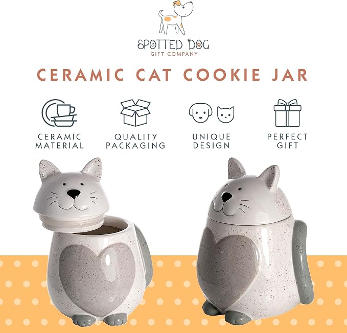 SPOTTED DOG GIFT COMPANY Ceramic Cookie Jar with Lid, Large Cat Treat Container for Cookies & Biscuits, Cute Novelty Kitchen Storage for Countertop, Gifts for Cat Lovers - 43oz White
