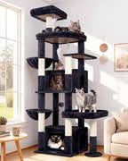 Globlazer Cat Tree for Large Cats, 75in Tall Multi-Level Heavy Duty Cat Tower for Indoor Cats with Extended Platform, 2 Spacious Condos, 2 Padded Perches, 6 Sisal Scratching Posts, S75, Dark Grey