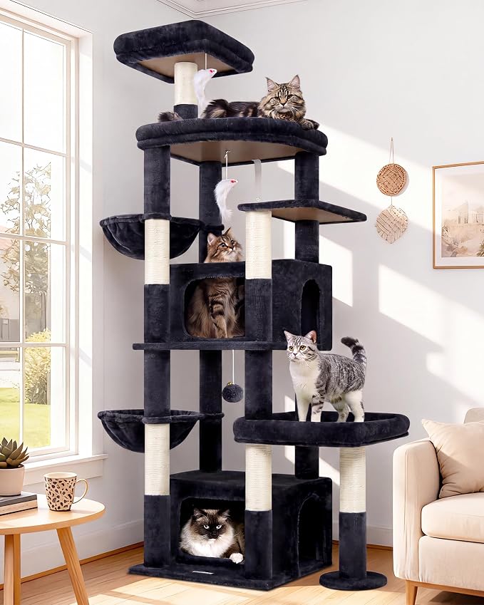 Globlazer Cat Tree for Large Cats, 75in Tall Multi-Level Heavy Duty Cat Tower for Indoor Cats with Extended Platform, 2 Spacious Condos, 2 Padded Perches, 6 Sisal Scratching Posts, S75, Dark Grey