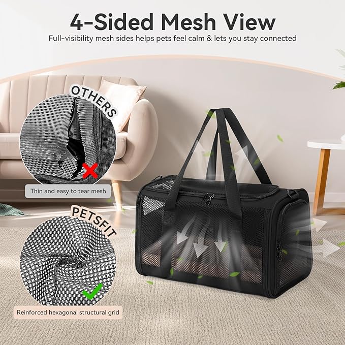 PETSFIT Cat Carrier Soft with Patented Safety Buckles, Safe for Car Travel | Lockable Zippers, Safety Tether, Escape-Resistant Pet Carrier for Vet Visits, Airline Approved Under-Seat, Up to 12 lbs