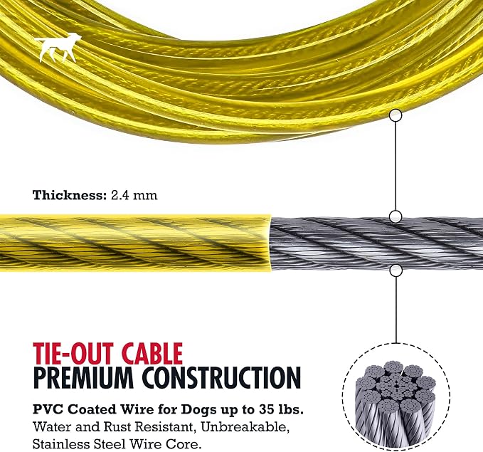 Tuff Pupper Dog Tie Out Cable, 15 ft Heavy Duty Lead for up to 35 lb Dogs | Extra-Strong Coated Steel Wire for Large Dogs; Water/Rust Resistant Yard Runner Line with 360-Degree No-Tangle Swivel Clips