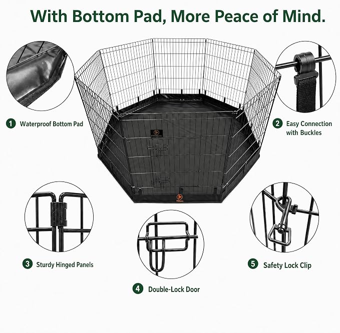 PJYuCien Puppy Playpen with Bottom Pad and Door, 8 Panels 42" H, Black | 24"W, Dual-function Pad, For Large Pets, Foldable Octagonal Pen, Versatile, Indoor & Outdoor, Backyard, Protects Floors