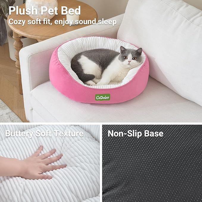 Round Pet Bed for Cats & Small Medium Dogs, Pink 25in | Washable Small Dog Beds, Calming Soft Pet Beds for Puppy Kitten, with Anti-Slip Bottom, Low Entrance