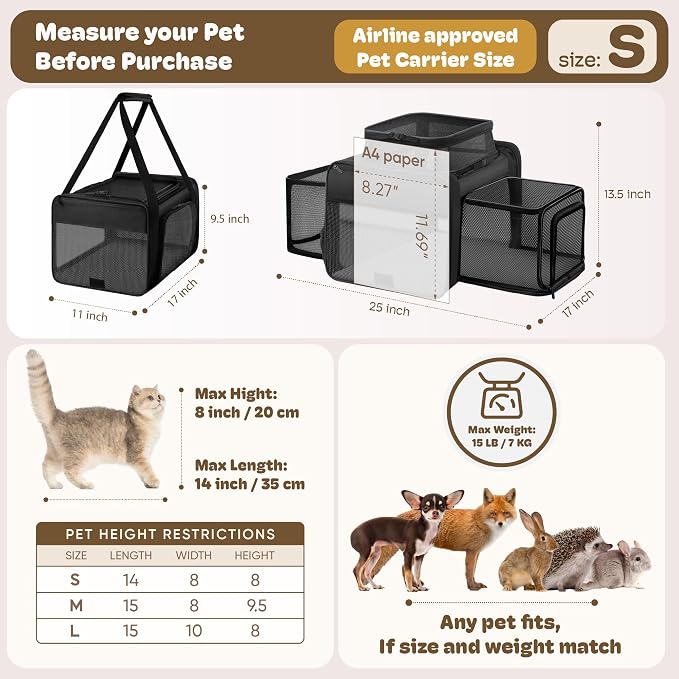 Top and 2 Sides Expandable Pet Carrier 17x11x9.5, TSA Airline Approved Small Dog Carriers for Small Dogs, Soft-Sided Cat Carrier with Self-Locking Zippers for Kitten,Rabbit, Puppy, Guinea Pig Black