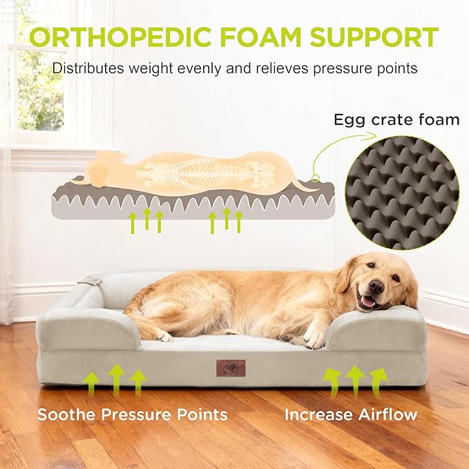 Waterproof Orthopedic Dog Bed for Extra Large Sized Dogs | Memory Foam Pet Bed Sofa with Bolster, Dog Couch with Washable Cover & Non-Slip Bottom, 42x30 Inch, Beige