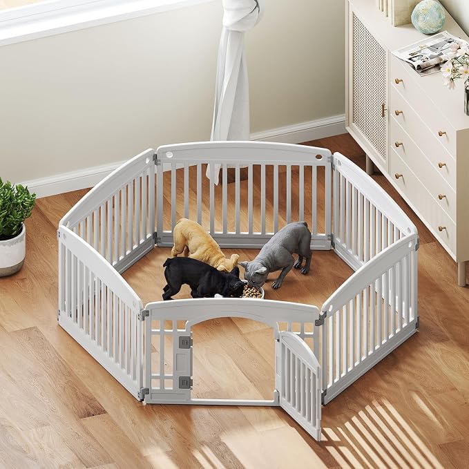 DUMOS Dog Playpen 6 Panels 24" Plastic Exercise Indoor Pen with Door Small Puppy, Medium Dogs Animal Pet Fence for Outdoor, Garden, Yard, RV Camping, White