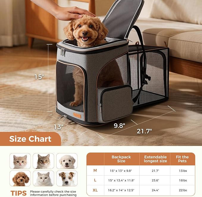 Lekereise Cat Backpack Expandable Pet Carrier Backpack for Small Cats and Dogs, Foldable Dog Carrier Backpack with Inner Safety Leash, Grey