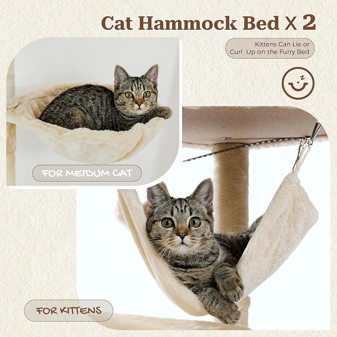 PETEPELA Floor to Ceiling Cat Tree, 92.9-101.6" Tall Cat Tower, Beige | Height-adjustable tension design with 5 sisal posts, cozy condo, spacious hammock, perches & anti-tip strap for indoor cats