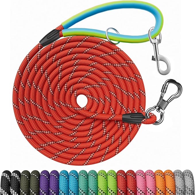 NTR 15FT Training Leash for Dogs, Nylon Rope With 2 Swivel Hooks and Soft Rubber Handle, Cat Puppy Lead for Small Medium Large Dogs - Training, Playing, Camping, or Backyard - Red