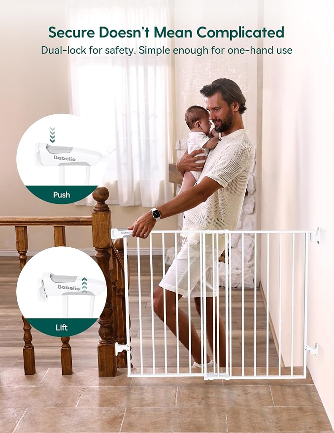 Babelio Baby Gate for Stairs, Kitchen & Doorways, No Bottom Bar| Easy Installation| One-Handed Operation| Auto-Close| Hardware Mount (Drill Needed) Safety Dog Gate (White - B17, 34" H, 29-49" W-Wide) | Easy Install| One-handed Opening| Auto-close| Dril...